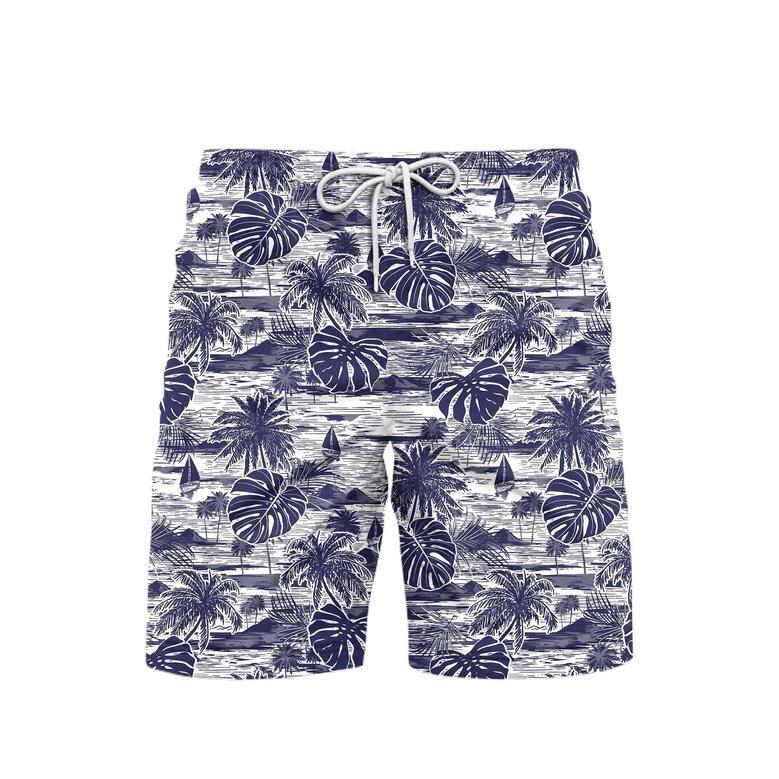 Blue Retro Hawaii Island Beach Shorts For Men