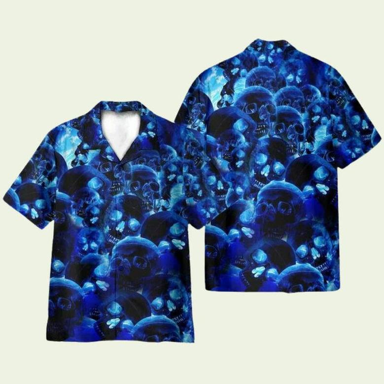 Blue Skull Mens Button Up Shirts Hawaiian Shirt