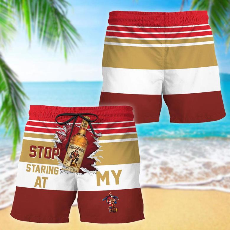 Captain Morgan Stop Staring At Horizontal Striped Swim Trunks