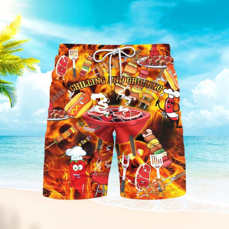 Chilling And Grilling BBQ With Fire Red Beach Shorts For Men