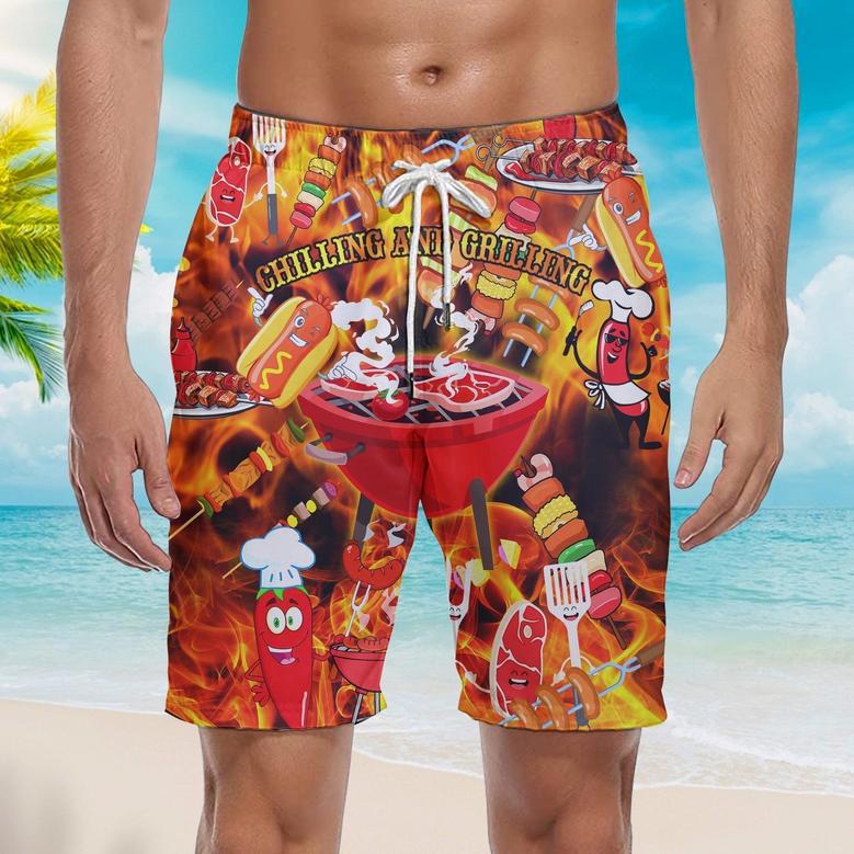 Chilling And Grilling BBQ With Fire Red Beach Shorts For Men