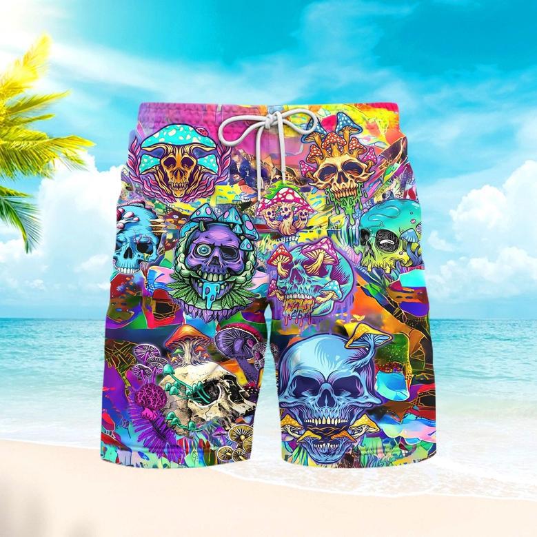 Colorful Happy Hippie Mushroom Skull Beach Shorts For Men