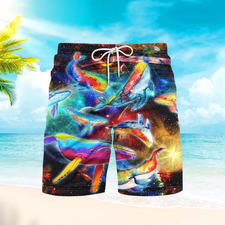 Colorful Whales Dancing In The Galaxy Neon Beach Shorts For Men