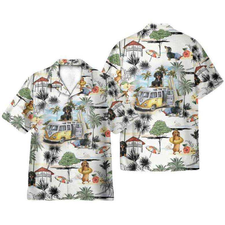 Dachshund And Hippie Campervan On The Beach Retro Hawaiian Shirt