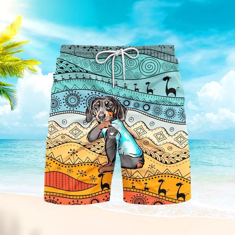 Dachshund Dog Loves Mom Polynesian Beach Shorts For Men