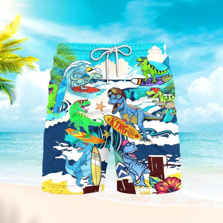 Dinosaur Surfing Wave Summer Beach Shorts For Men