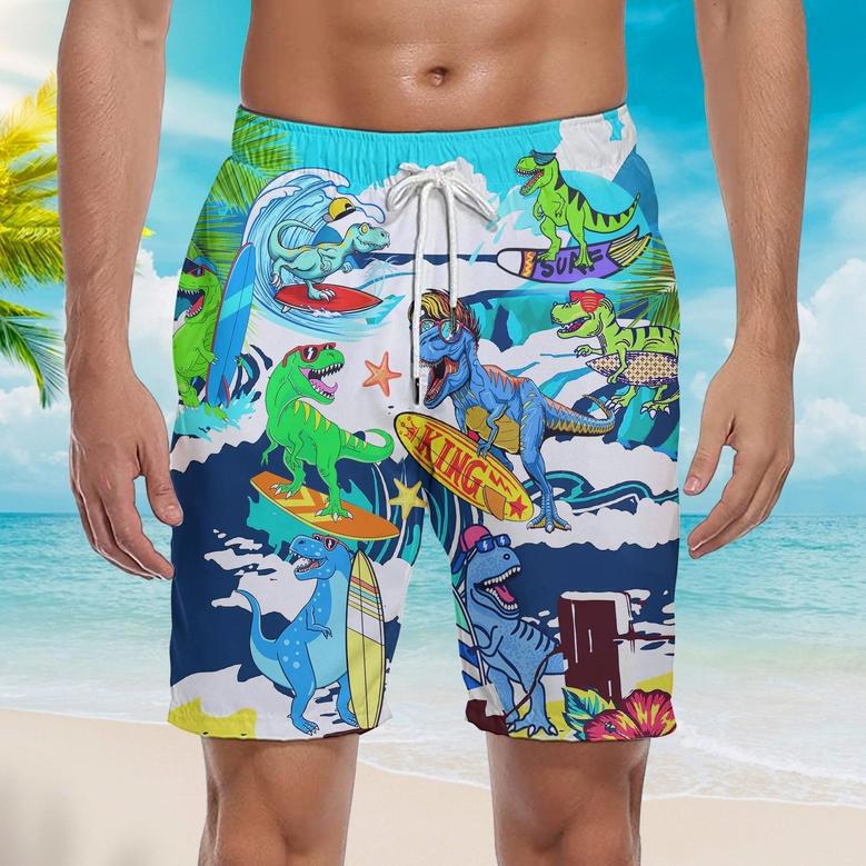 Dinosaur Surfing Wave Summer Beach Shorts For Men