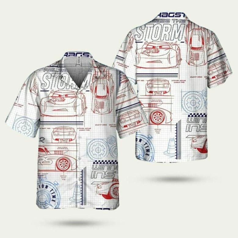 Disney Pixar Cars Schematic Sketch Red And Blue Lightning Mcqueen Summer Hawaiian Shirt