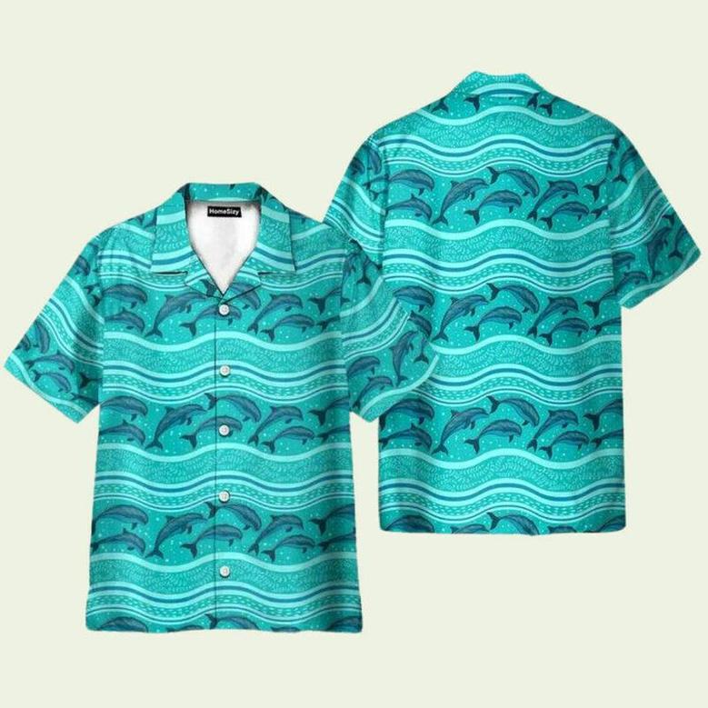 Dolphin Wave Pattern Blue Ocean Hawaiian Shirt