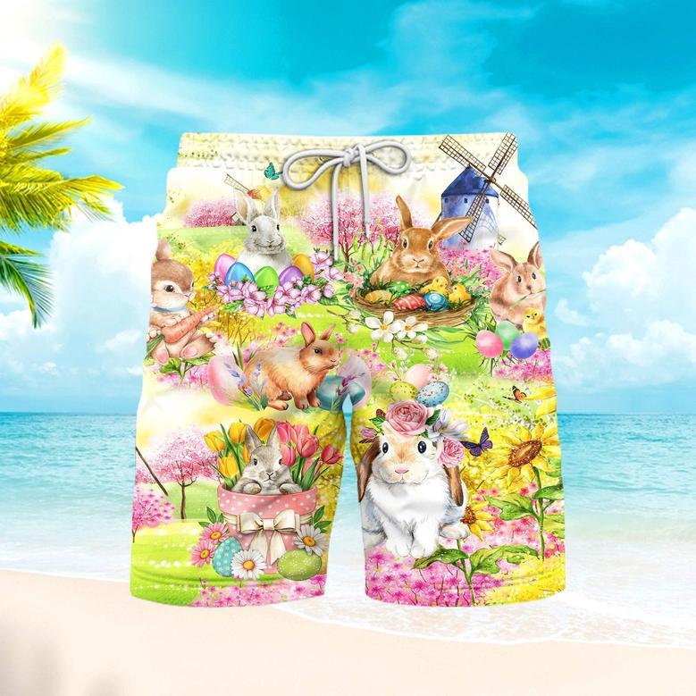 Easter Rabbit Chilling In The Flower Landscape Beach Shorts For Men