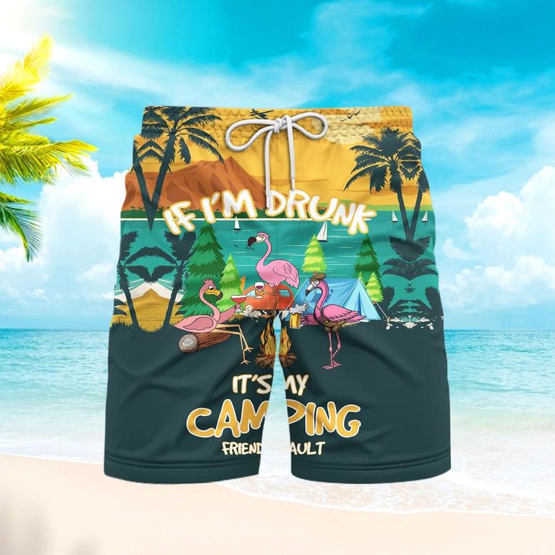 Flamingo If I'm Drunk It's My Camping Friend's Fault Funny Beach Shorts For Men