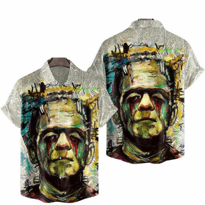 Frankenstein Art Painting Newspaper Horror Movie Halloween Hawaiian Shirt