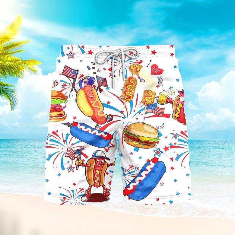 Funny American Hot Dog Of July Independence Day Patriotic Beach Shorts For Men