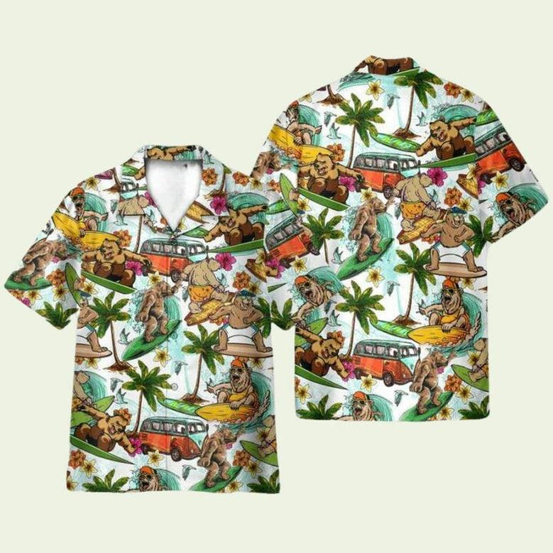 Funny Bear Surfing Hippie Bus And Palm Tree Pattern Hawaiian Shirt