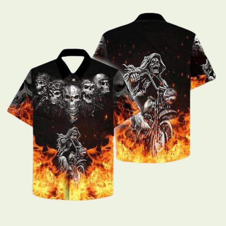 Grim Reaper Riding Motorcycles Flame Skull Hawaiian Shirt