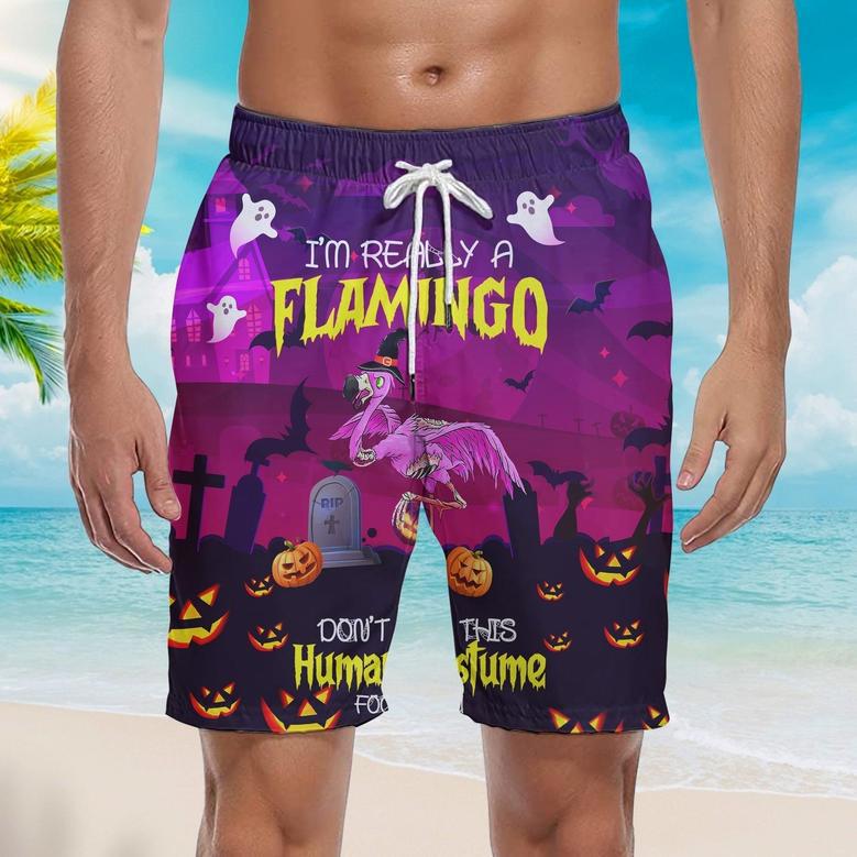 Halloween I’m Really A Flamingo Ghost Pumpkin Beach Shorts For Men