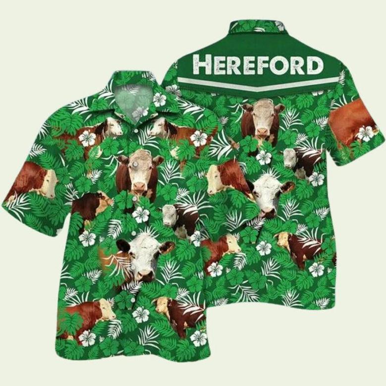 Hereford Cattle Lovers Green Floral Pattern Hawaiian Shirt