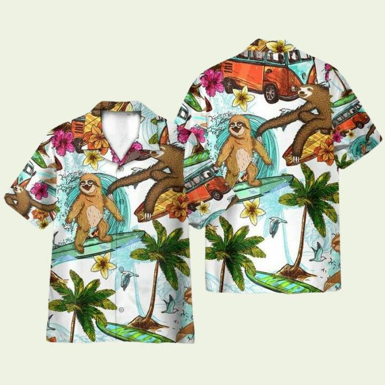 Hippie Camping Sloth Surfing Summer Beach Hawaiian Shirt