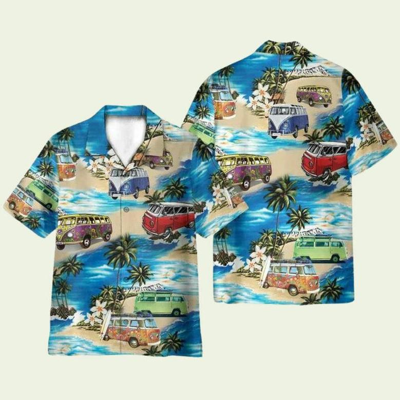 Hippie Colorful Bus On The Beach Hawaiian Shirt