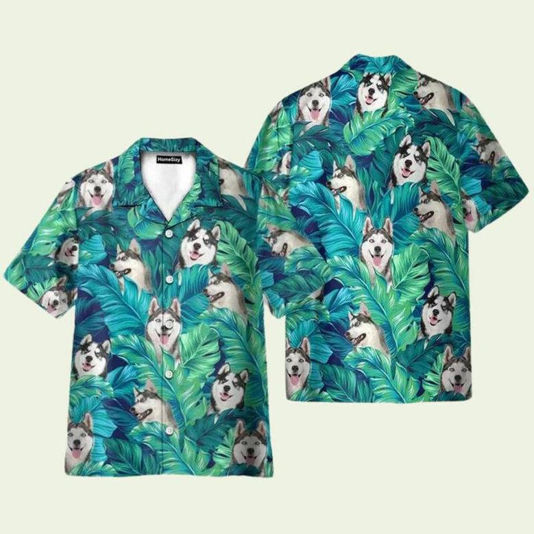 Husky In Tropical Green Leaves Hawaiian Shirt