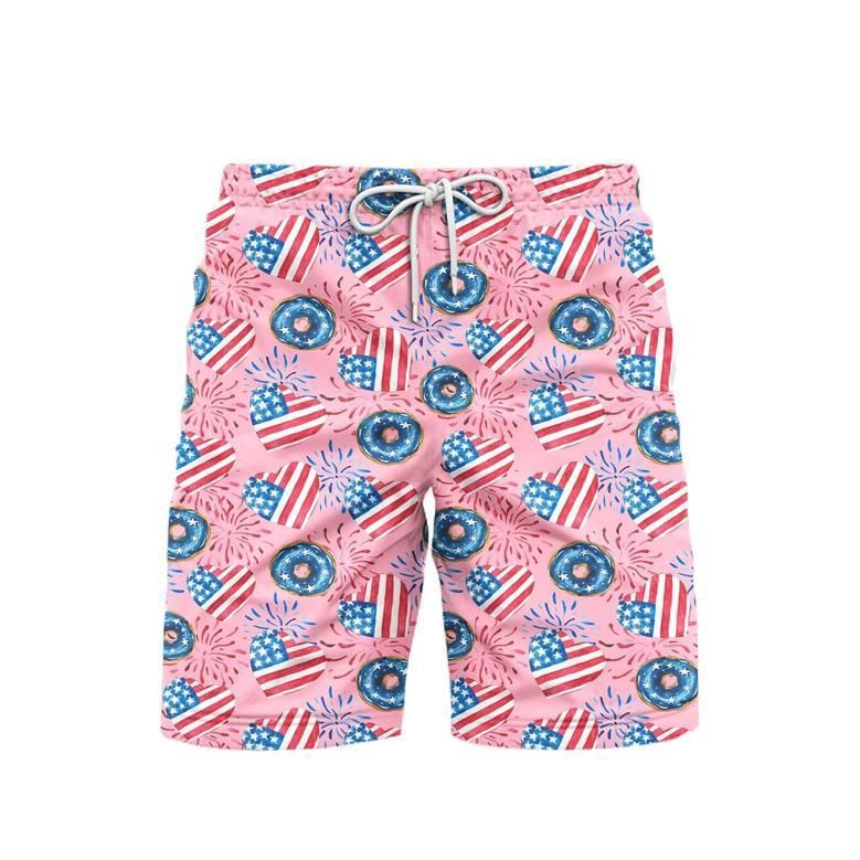 Independence Day Of July Love American Donuts Patriotic Beach Shorts For Men