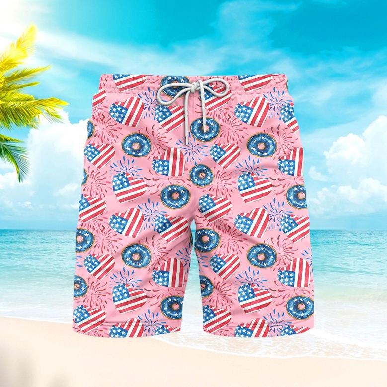 Independence Day Of July Love American Donuts Patriotic Beach Shorts For Men