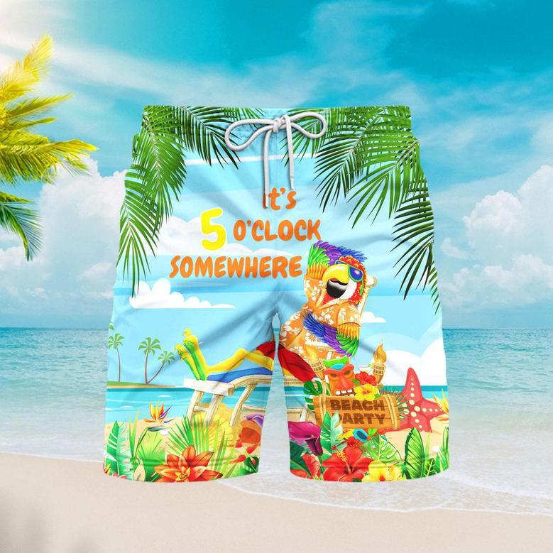 It's 5 O'Clock Somewhere Parrot On The Beach Blue Beach Shorts For Men