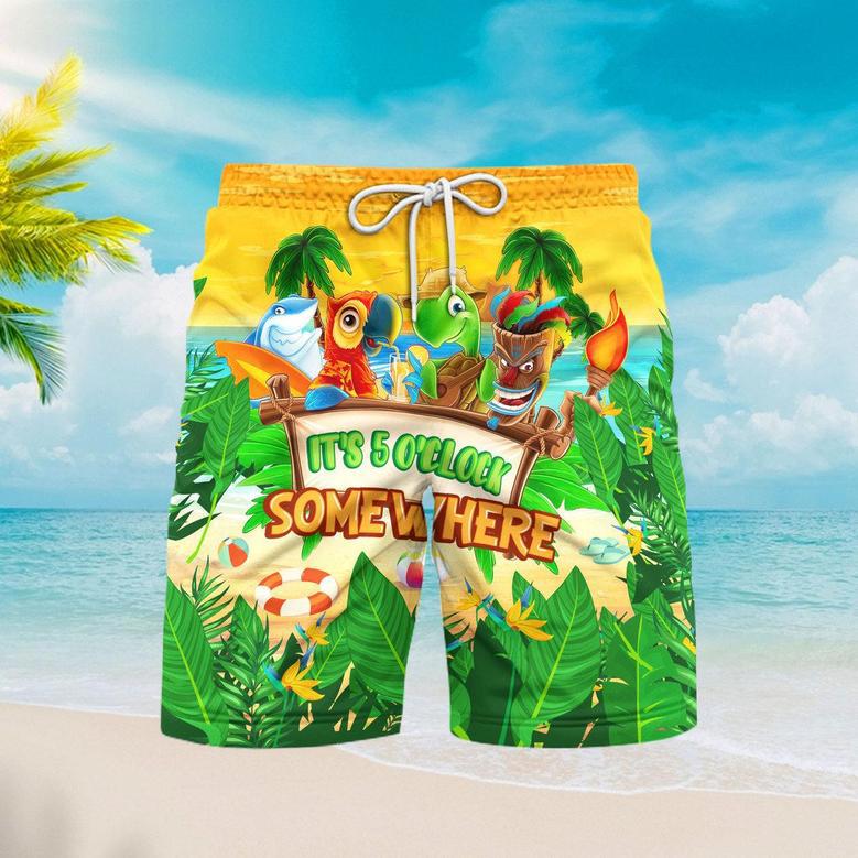 It's 5 O'clock Somewhere Parrot Turtle Tiki Party Yellow Beach Shorts For Men