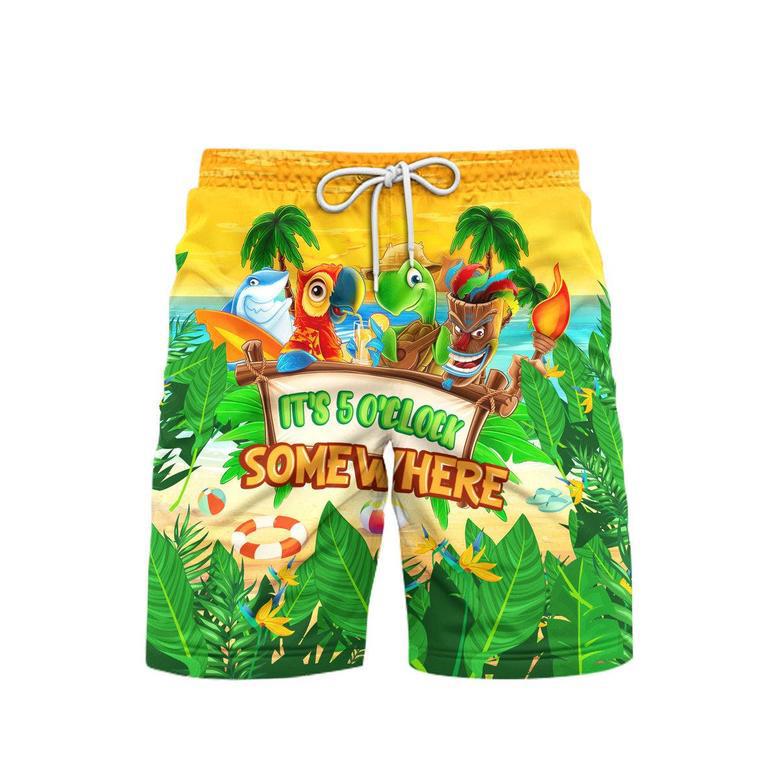 It's 5 O'clock Somewhere Parrot Turtle Tiki Party Yellow Beach Shorts For Men