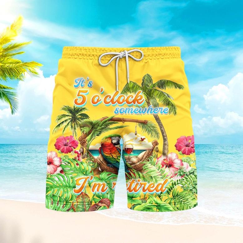 It's 5 O'Clock Somewhere Parrot Yellow Tropical Beach Shorts For Men