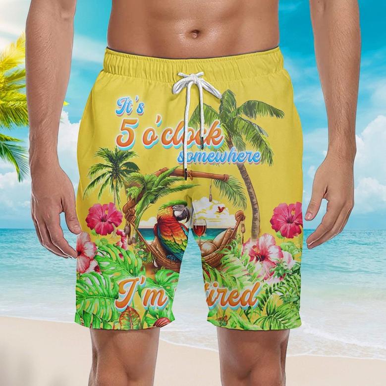 It's 5 O'Clock Somewhere Parrot Yellow Tropical Beach Shorts For Men