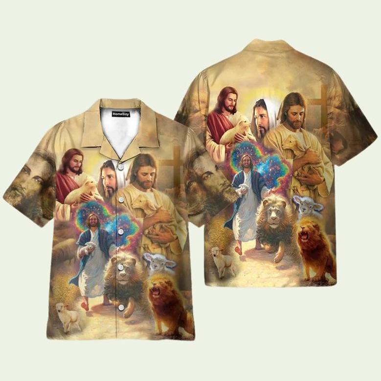 Jesus Lion Lamb Galaxy Vintage Art Hawaiian Shirt