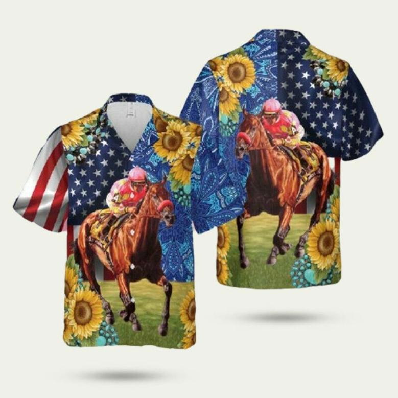 Kentucky Derby Horse Racing Sunflower Pattern Hawaiian Shirt