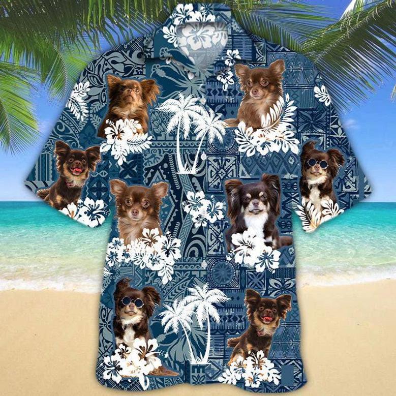 Long Haired Chihuahua Hawaiian Tropical Plants Pattern Blue And White All Over Printed Hawaiian Shirt Summer Gifts