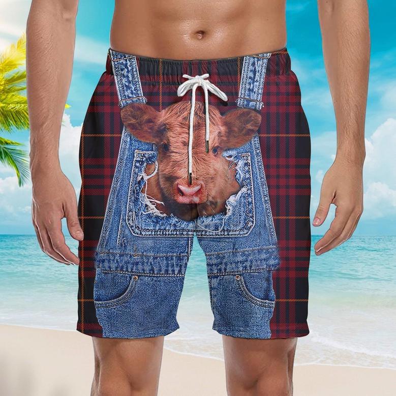 Love Cow Red Plaid Cute Beach Shorts For Men