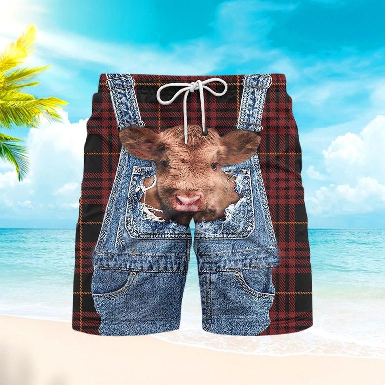 Love Cow Red Plaid Cute Beach Shorts For Men