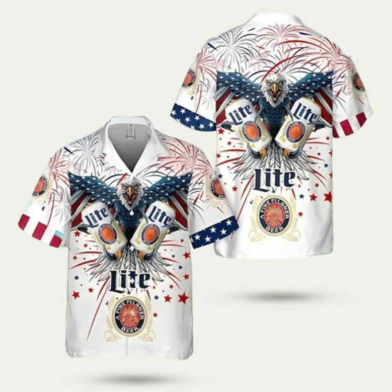 Miller Lite Beer Fireworks Eagle Independence Day Hawaiian Shirt