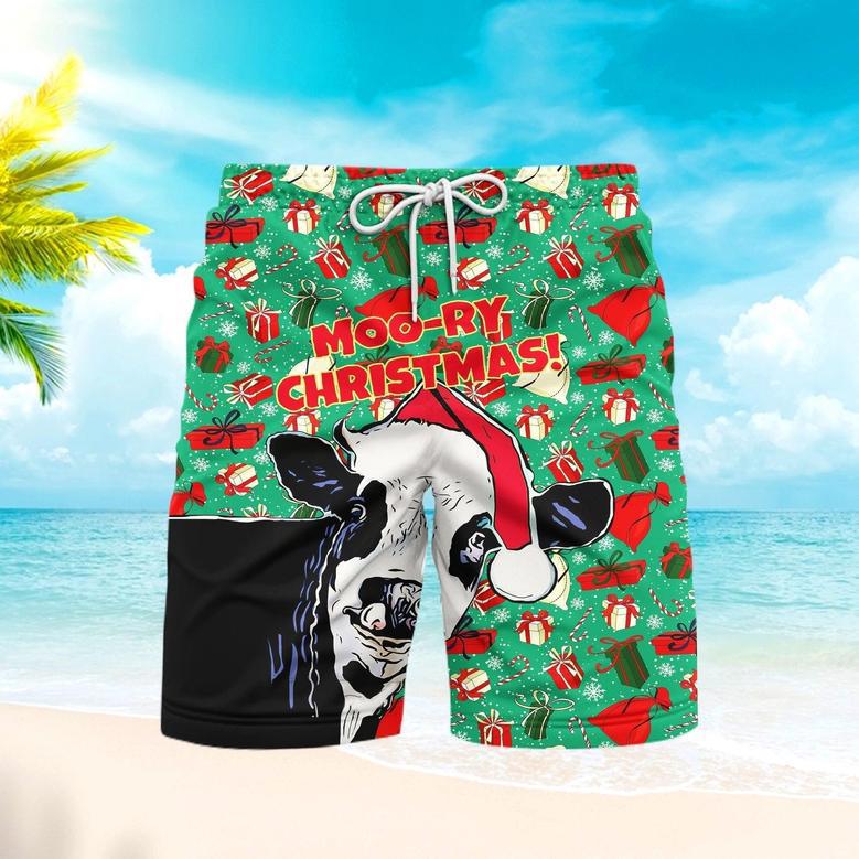 Moory Christmas Funny Xmas Cow Beach Shorts For Men