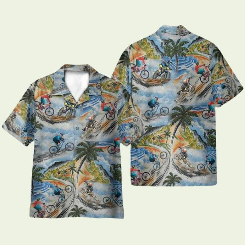 Mountain Biking And Palm Pattern Hawaiian Shirt