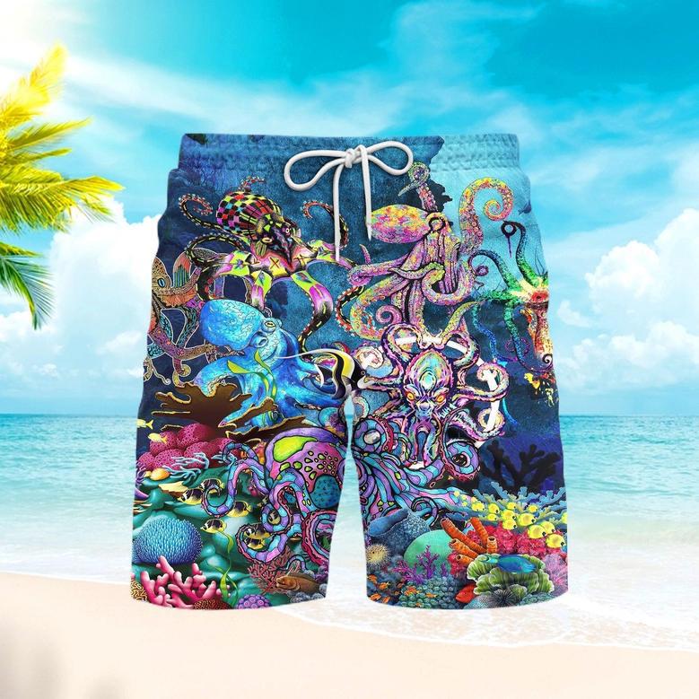 Neon Colorful Octopus In The Deep Ocean Beach Shorts For Men