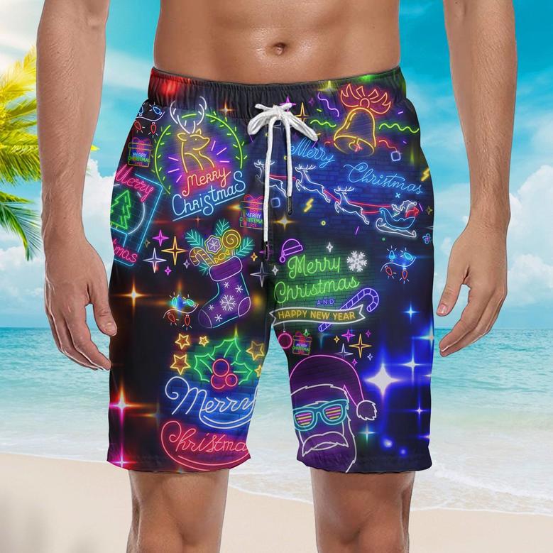 Neon Merry Christmas And Happy New Year Colorful Lights Beach Shorts For Men