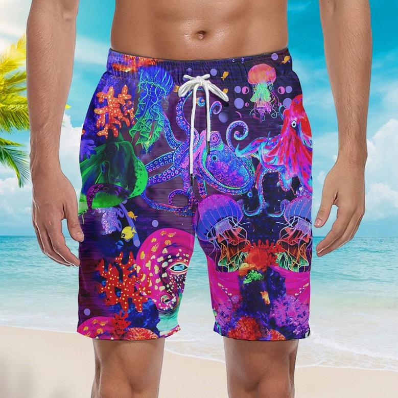 Neon Octopus Purple Beach Shorts For Men