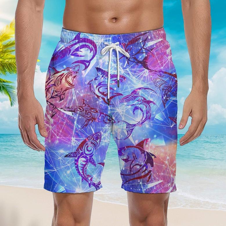 Neon Tribal Shark Maori Beach Shorts For Men