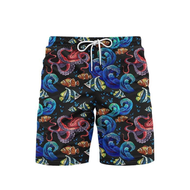 Octopus With Sea Wave Pattern Blue Beach Shorts For Men