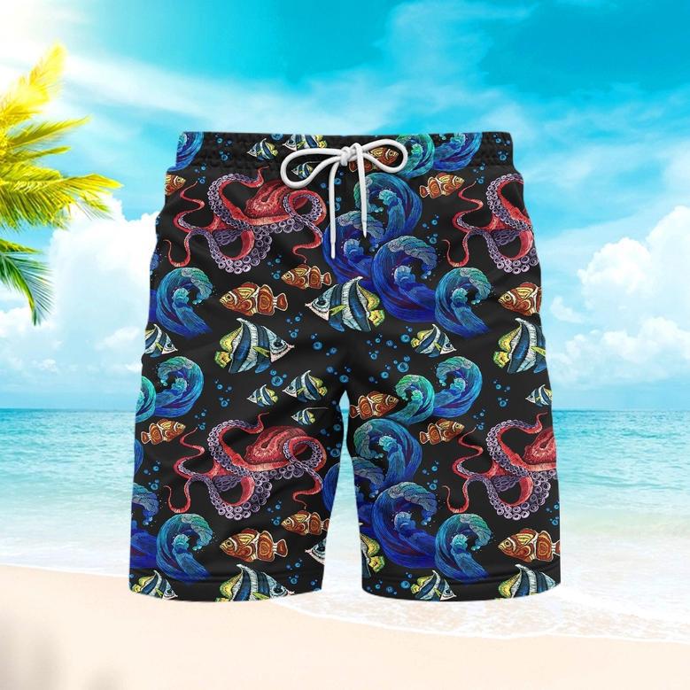 Octopus With Sea Wave Pattern Blue Beach Shorts For Men