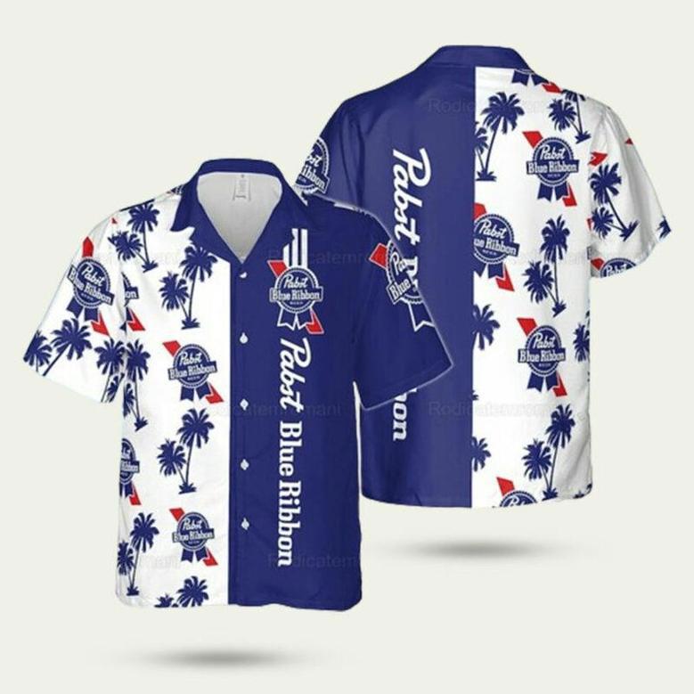 Pabst Blue Ribbon Coconut Blue And White Pattern Hawaiian Shirt