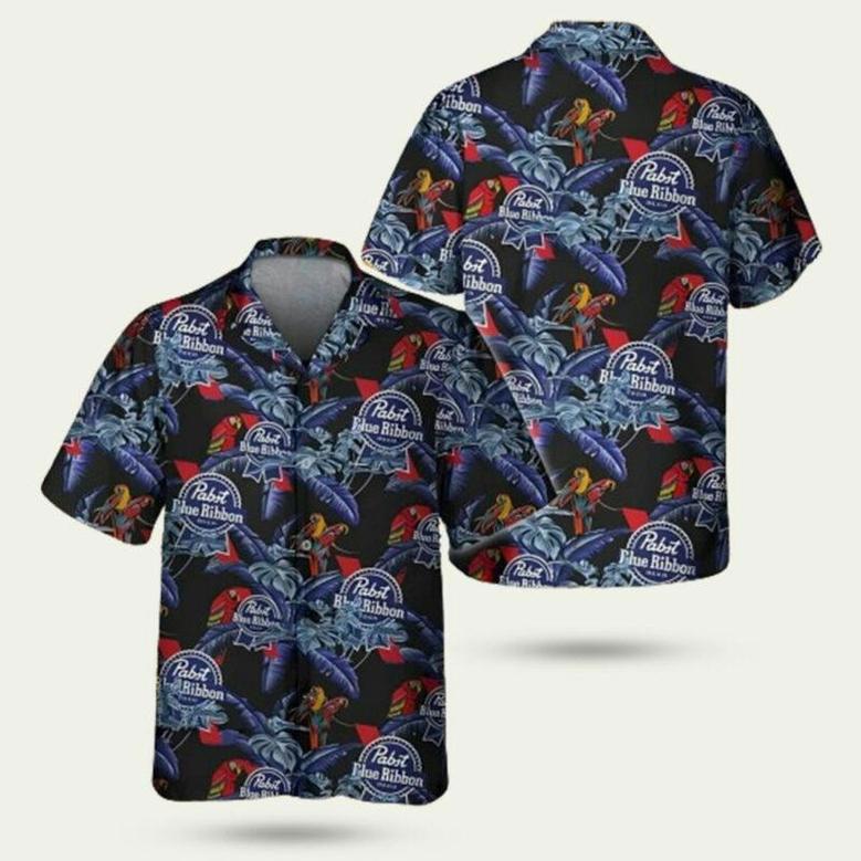 Pabst Blue Ribbon Tropical Leaf Parrot Hawaiian Shirt