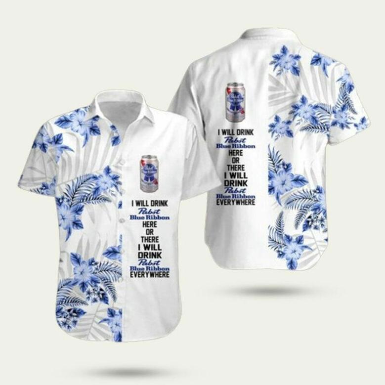 Pabst Blue Ribbon White Floral Pattern Hawaiian Shirt