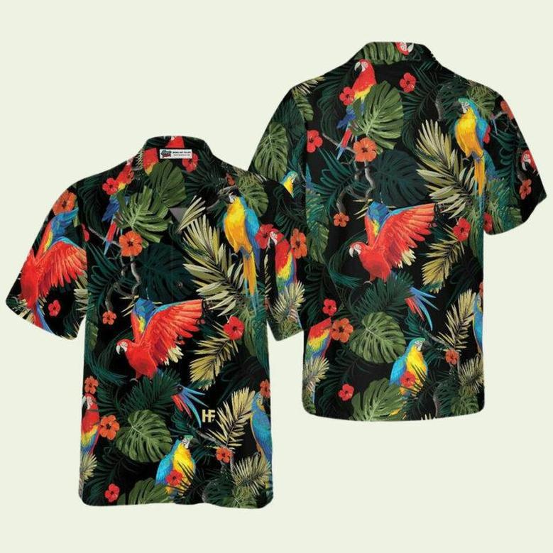 Parrots Dark Tropical Pattern Hawaiian Shirt