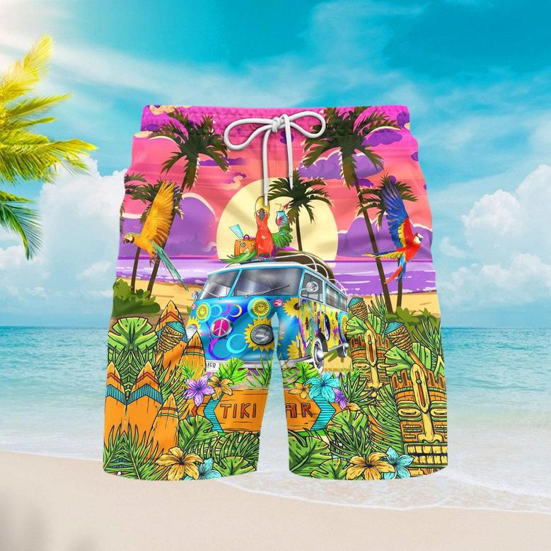 Parrots Tiki On Hippie Bus Beach Shorts For Men